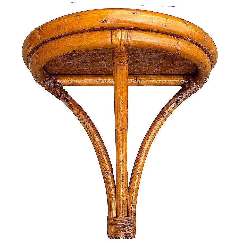 Restored Mid-century Rattan Wall Pedestal Shelf W/ Mahogany Top, Pair In Excellent Condition In Van Nuys, CA