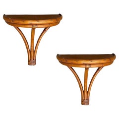 Restored Mid-century Rattan Wall Pedestal Shelf W/ Mahogany Top, Pair