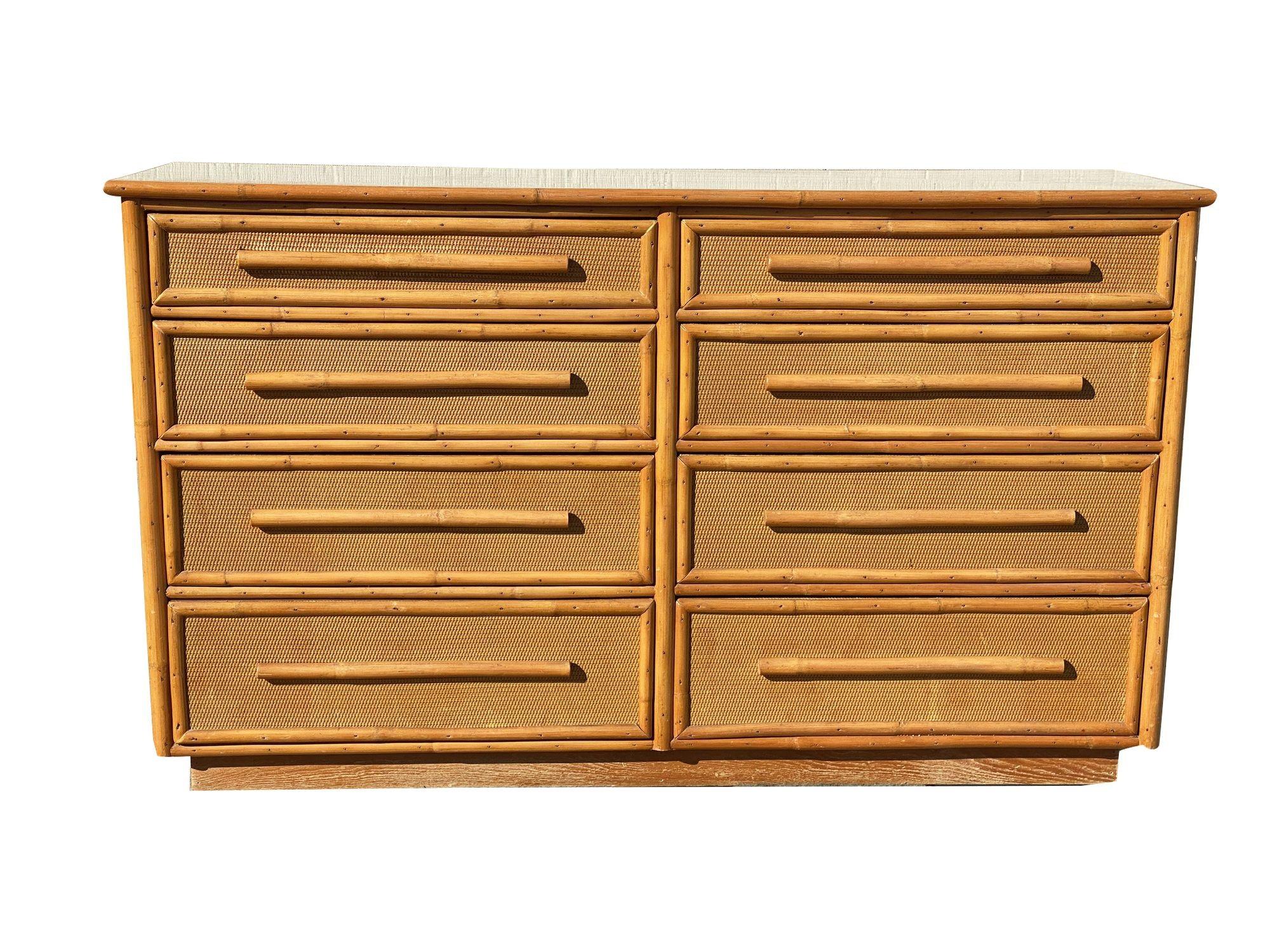 American Restored Mid-century Rattan & Wicker Dresser by Mengel Furniture For Sale