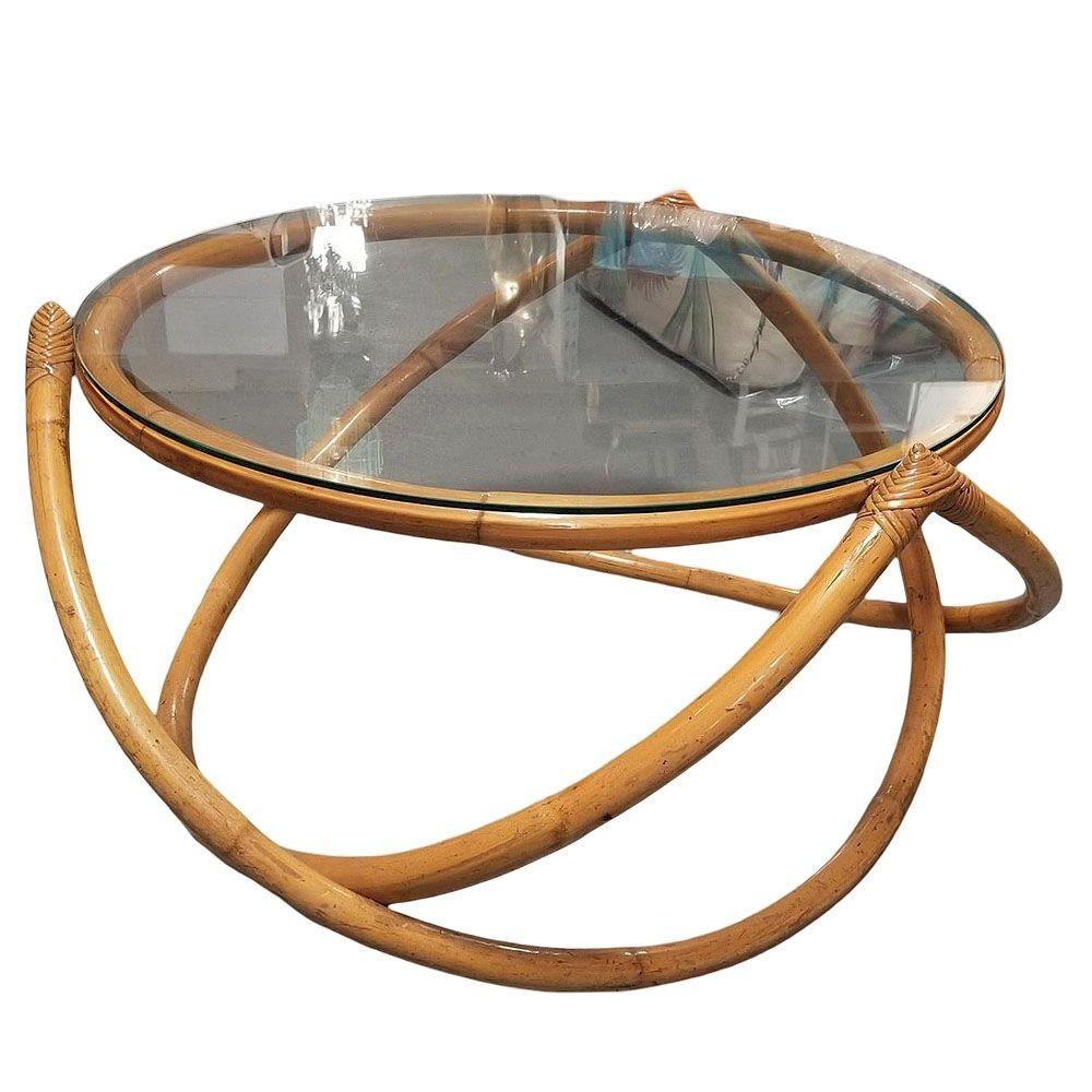 Mid-20th Century Restored Mid-Century Rattan & Wicker Gyroscope Round Coffee Table w/ Glass Top For Sale
