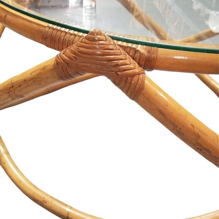 Restored Mid-Century Rattan & Wicker Gyroscope Round Coffee Table w/ Glass Top For Sale 3