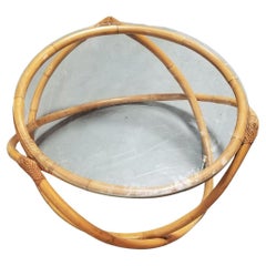 Vintage Restored Mid-Century Rattan & Wicker Gyroscope Round Coffee Table w/ Glass Top