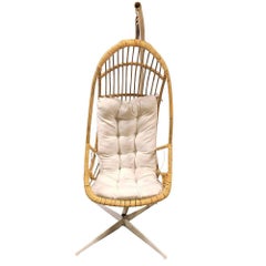 Restored Mid-century Rattan & Wicker Hanging Cocoon Egg Chair w/ Stand