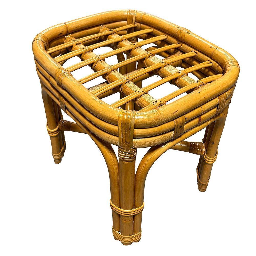 Tabouret de coiffeuse de style mi-siècle restauré en rotin et osier arqué avec tissu palmier Excellent état - En vente à Van Nuys, CA