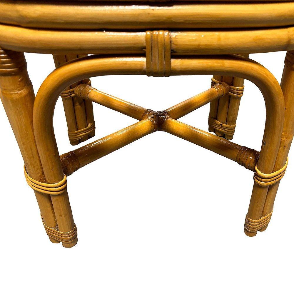Rotin Tabouret de coiffeuse de style mi-siècle restauré en rotin et osier arqué avec tissu palmier en vente