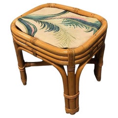 Vintage Restored Mid-century Rattan & Wicker Triple Arched Vanity Stool w/ Palm Fabric