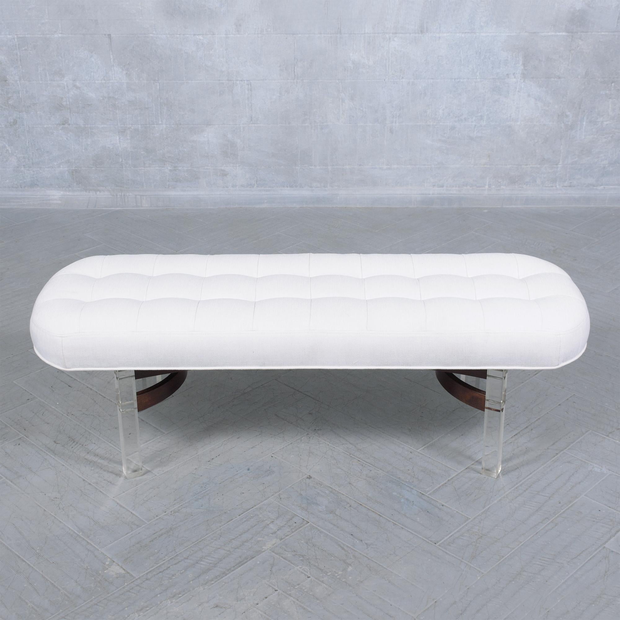 Restored Mid-Century Modern Rosewood & Lucite Bench with White Linen Upholstery In Good Condition For Sale In Los Angeles, CA