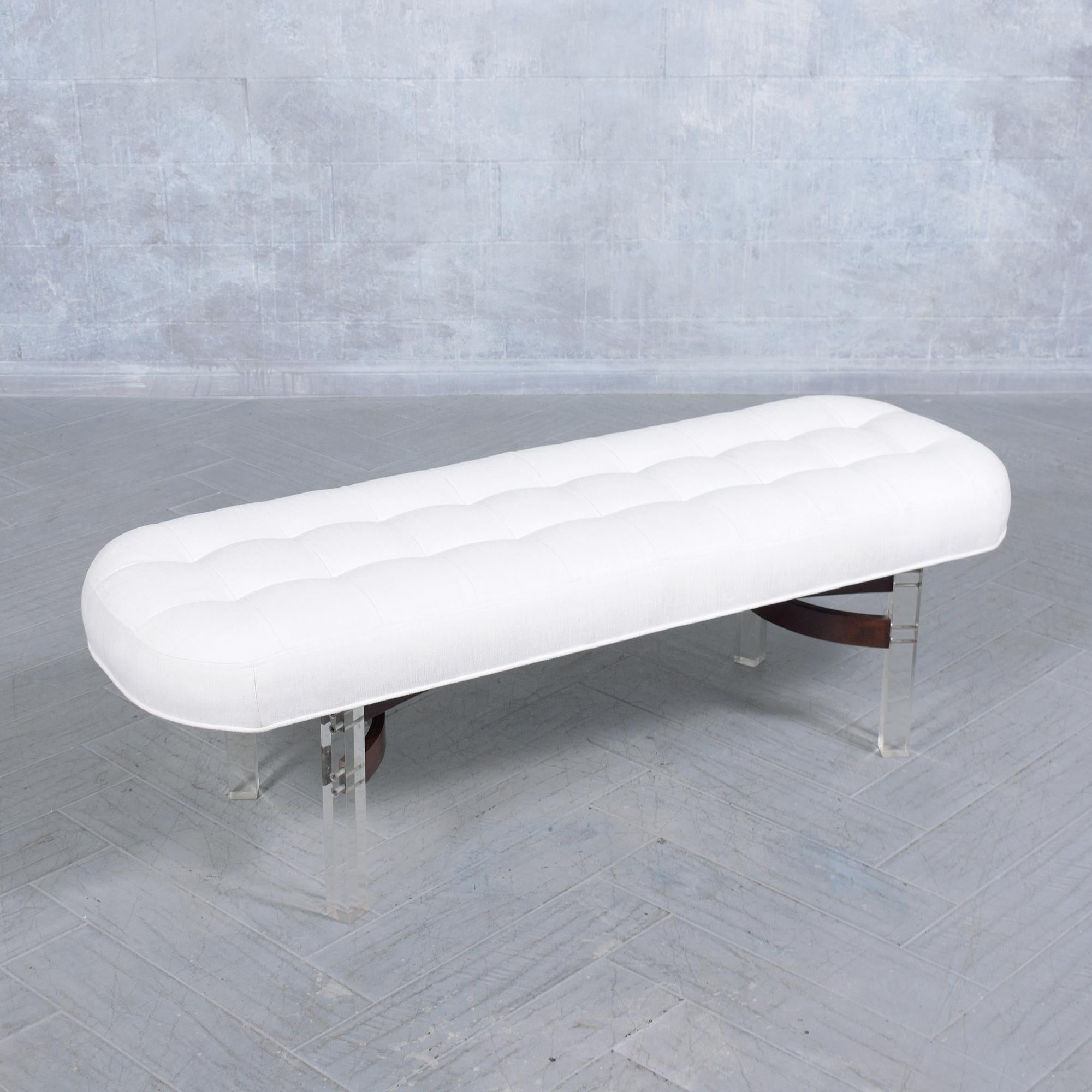American Restored Mid-Century Modern Rosewood & Lucite Bench with White Linen Upholstery For Sale