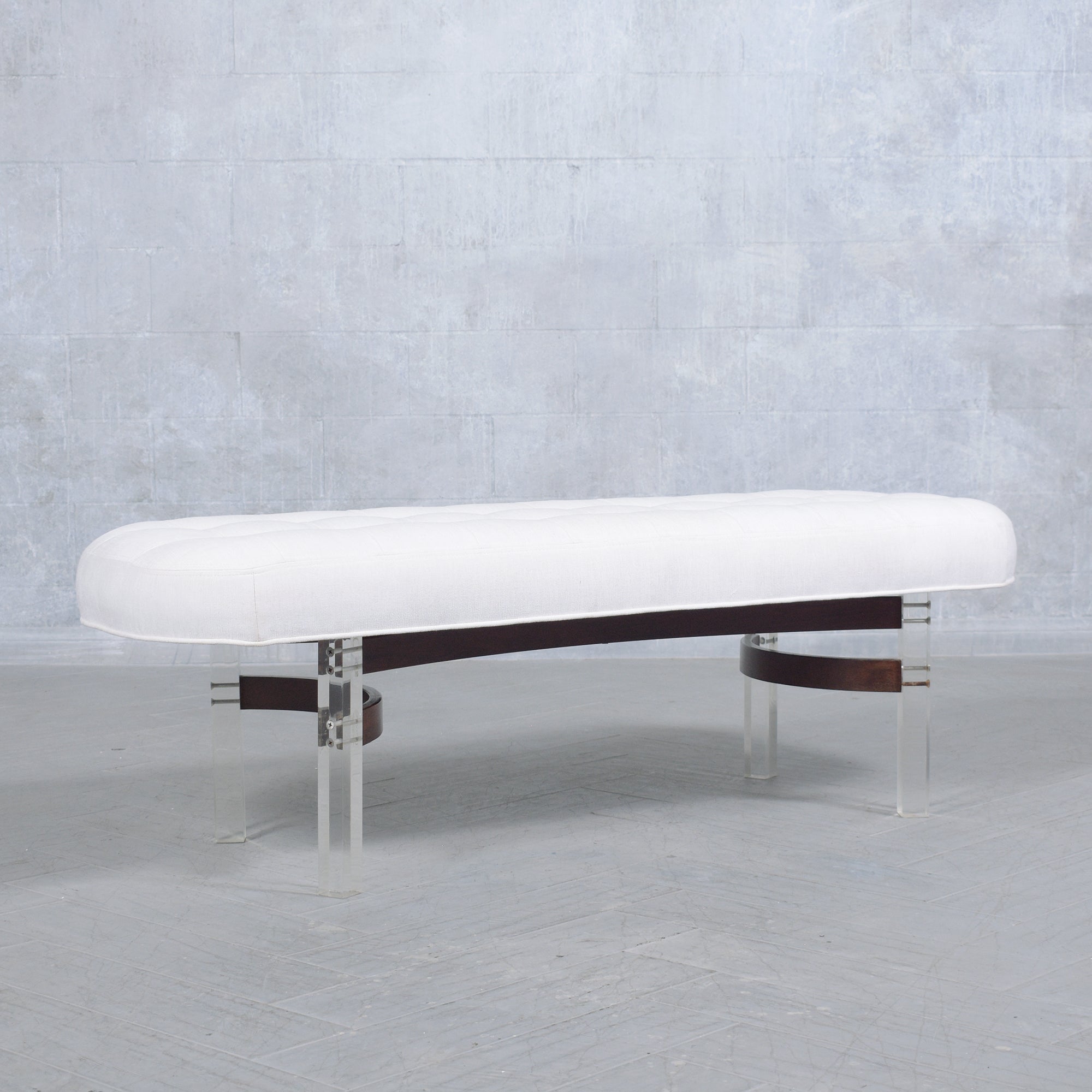 Embrace the fusion of elegance and contemporary design with our mid-century modern bench, a stunning piece that embodies the craftsmanship of a bygone era. Expertly restored, refinished, and reupholstered by our team of skilled craftsmen, this bench