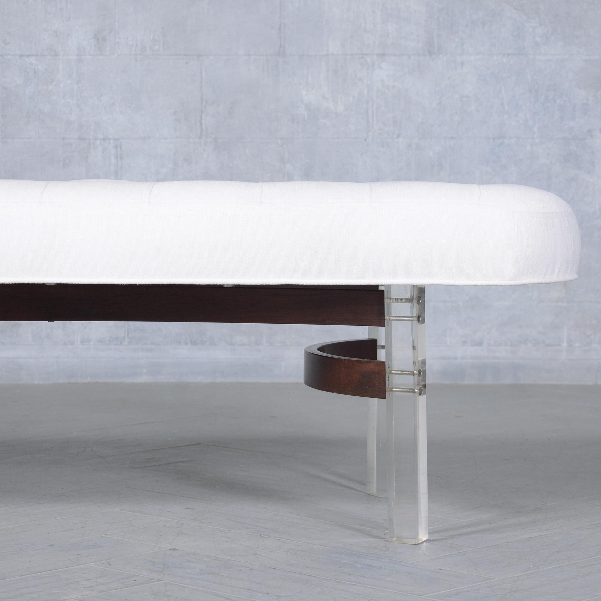 Restored Mid-Century Modern Rosewood & Lucite Bench with White Linen Upholstery For Sale 1