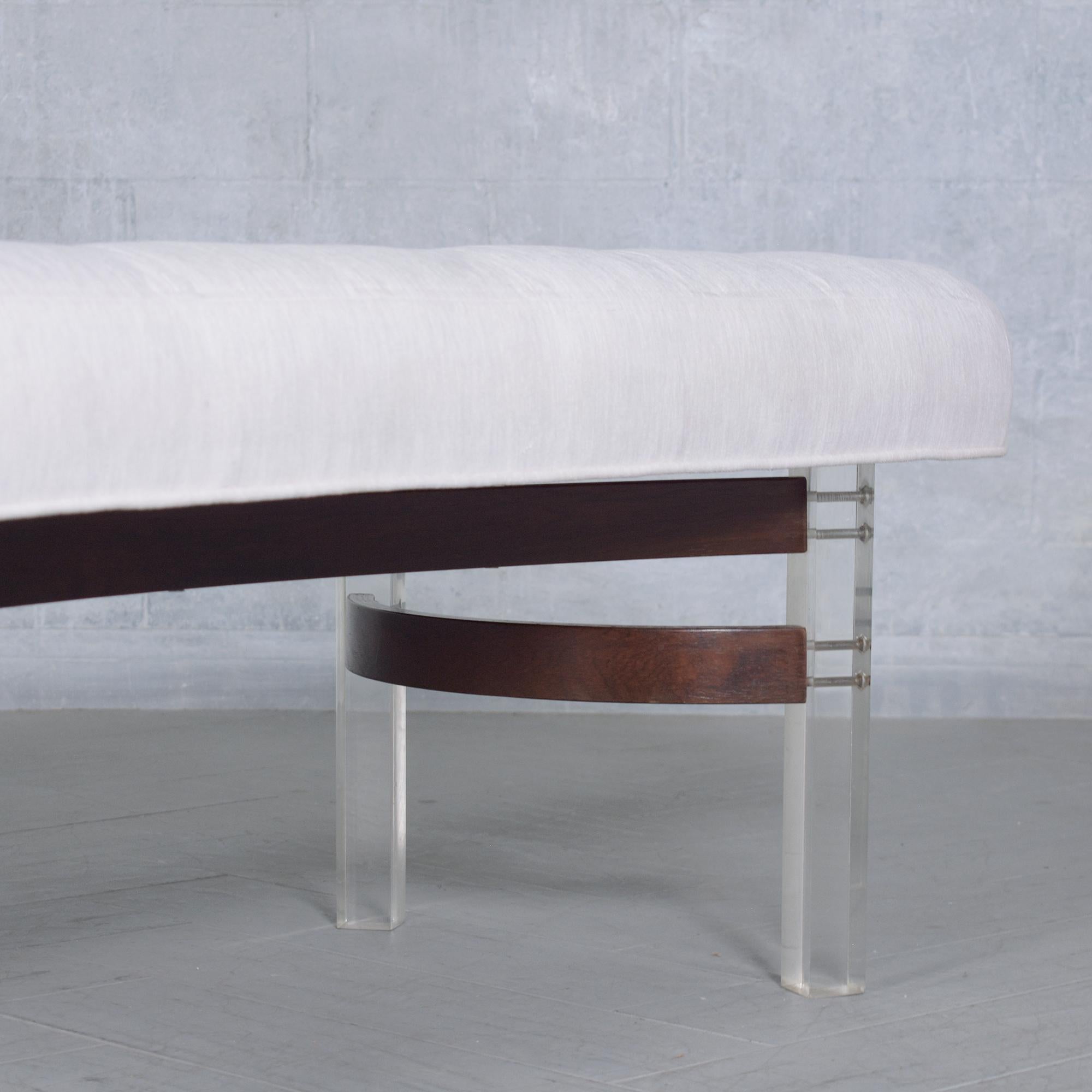 Restored Mid-Century Modern Rosewood & Lucite Bench with White Linen Upholstery For Sale 2