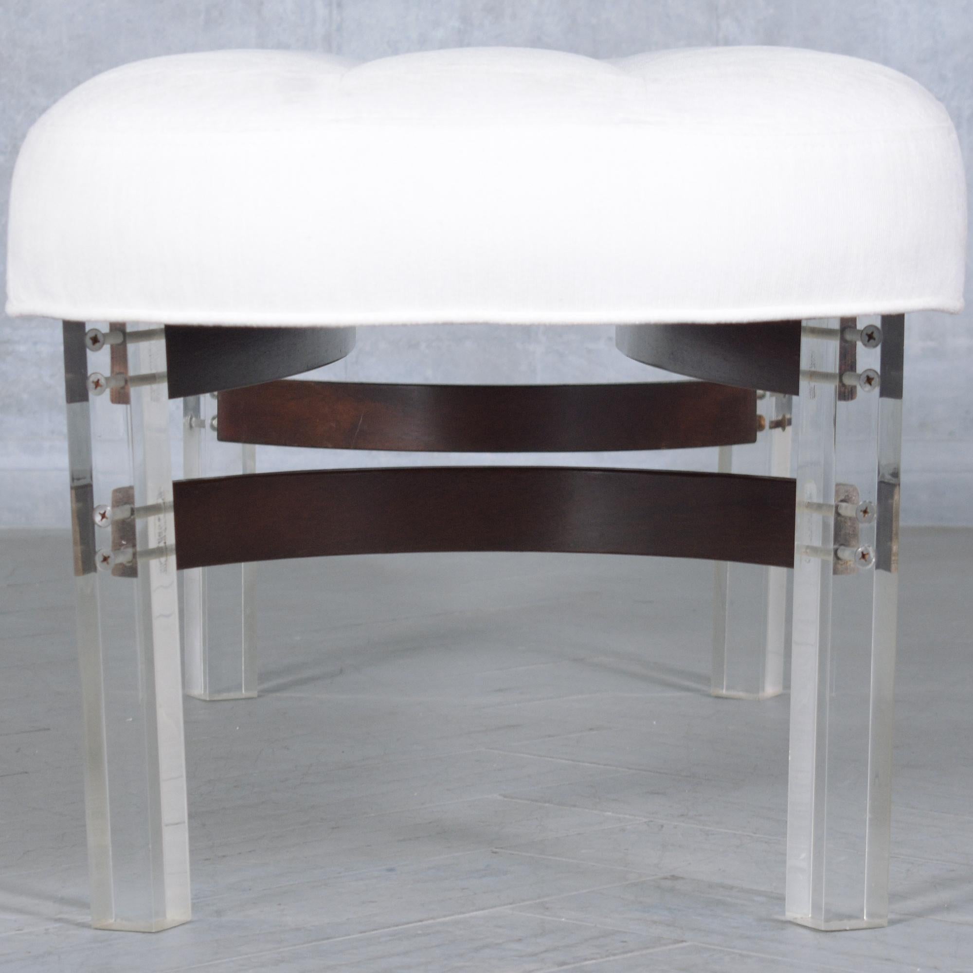 Restored Mid-Century Modern Rosewood & Lucite Bench with White Linen Upholstery For Sale 4