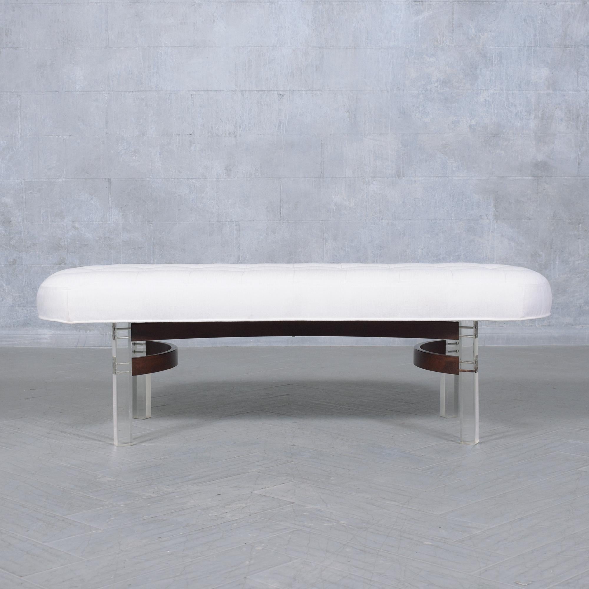 Lacquer Restored Mid-Century Modern Rosewood & Lucite Bench with White Linen Upholstery For Sale