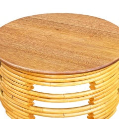 Restored Mid-century Round Architectural Rattan Coffee Table With Mahogany Top