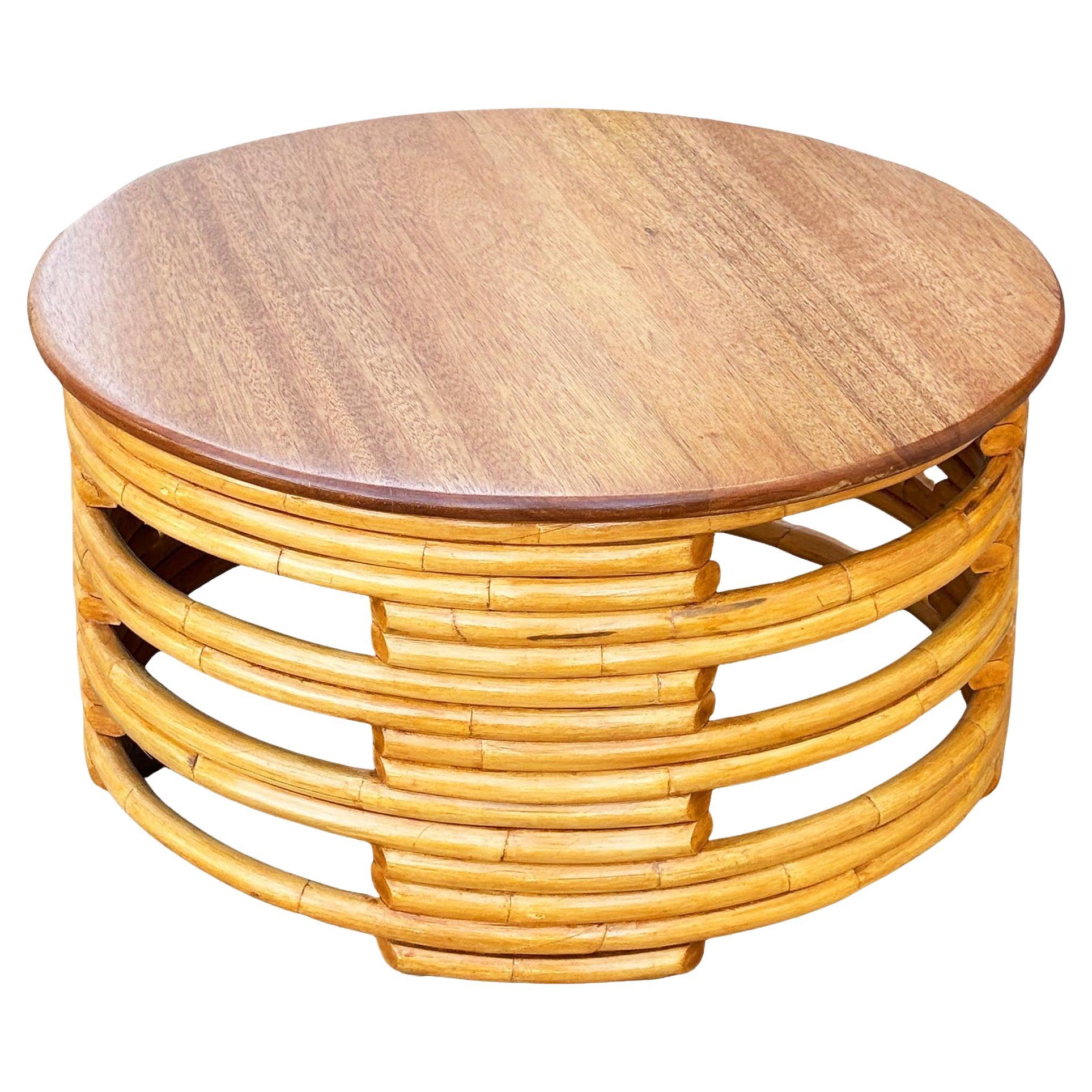 Restored Mid-century Round Architectural Rattan Coffee Table With Mahogany Top