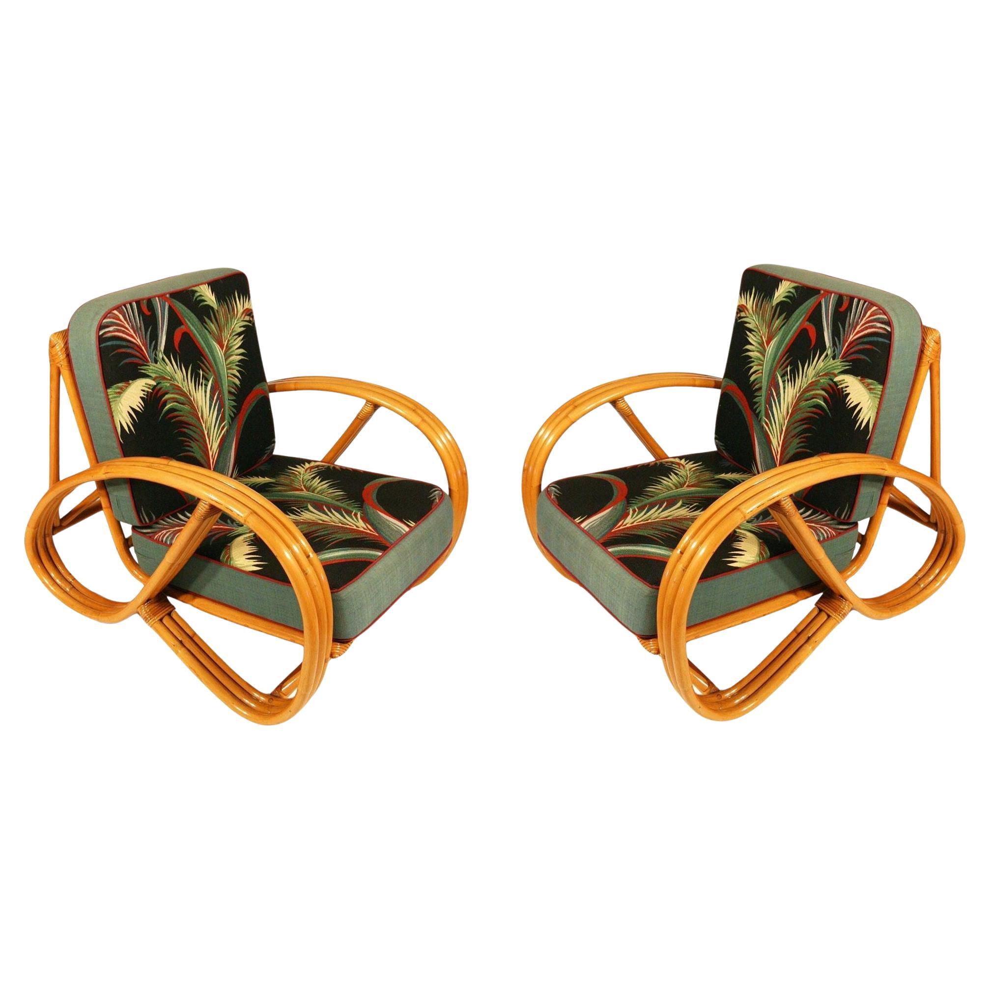 Restored Mid-century 3-strand 3/4 Round Pretzel Arm Rattan Lounge Chair, Pair