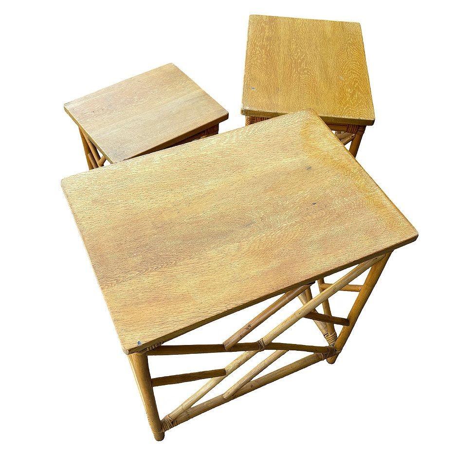 American Restored Mid-Century Set of 3 Rattan Nesting Side Tables w/ Mahogany Top For Sale