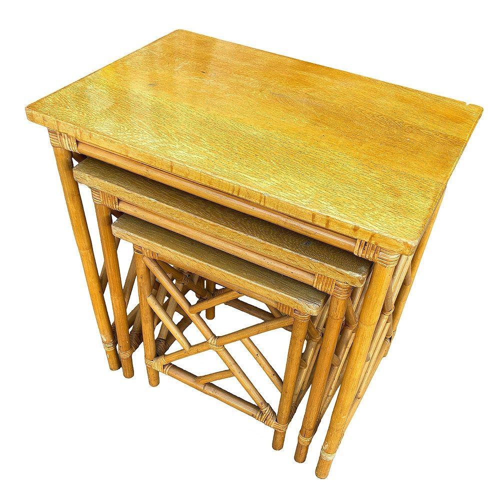 Restored Mid-Century Set of 3 Rattan Nesting Side Tables w/ Mahogany Top In Excellent Condition For Sale In Van Nuys, CA
