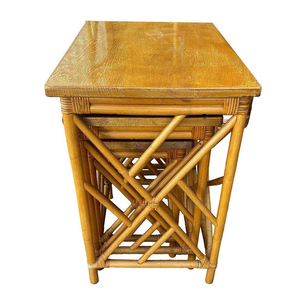 Mid-20th Century Restored Mid-Century Set of 3 Rattan Nesting Side Tables w/ Mahogany Top For Sale