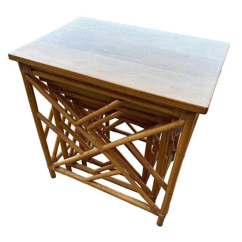 Restored Mid-Century Set of 3 Rattan Nesting Side Tables w/ Mahogany Top For Sale 1