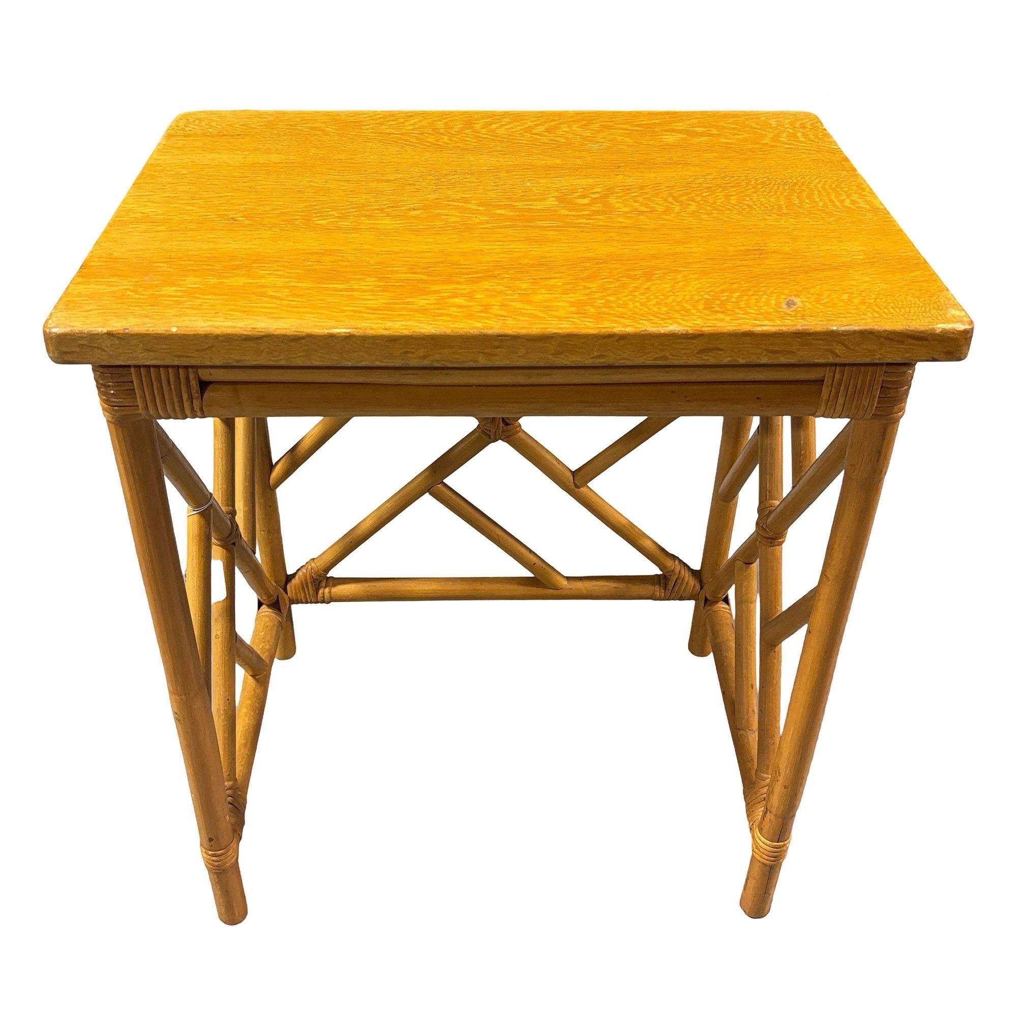 Restored Mid-Century Set of 3 Rattan Nesting Side Tables w/ Mahogany Top For Sale 2