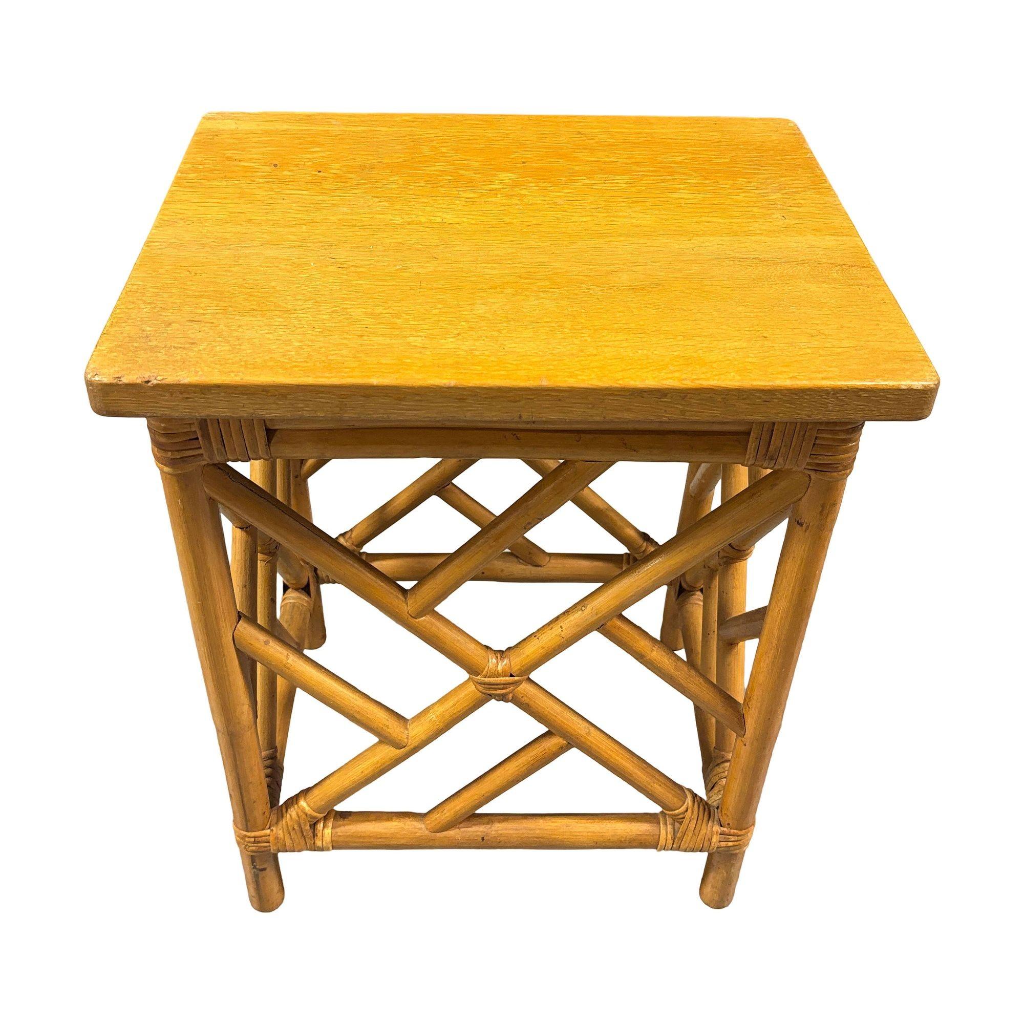 Restored Mid-Century Set of 3 Rattan Nesting Side Tables w/ Mahogany Top For Sale 4