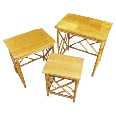 Restored Mid-Century Set of 3 Rattan Nesting Side Tables w/ Mahogany Top
