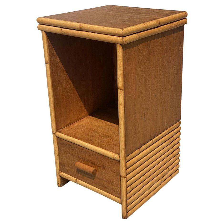 Mid-Century Modern Restored Mid-century Single Drawer Stacked Rattan & Koa Wood Bedside Table For Sale