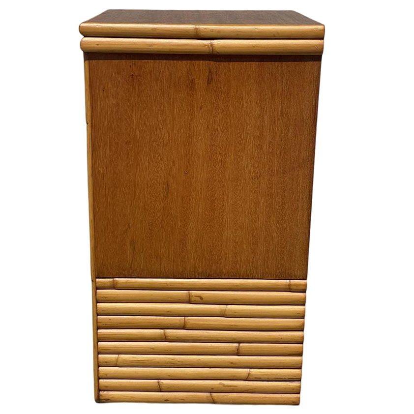 American Restored Mid-century Single Drawer Stacked Rattan & Koa Wood Bedside Table For Sale