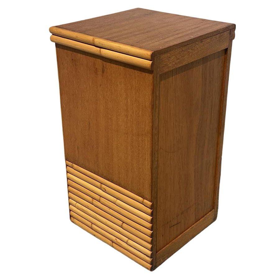 Restored Mid-century Single Drawer Stacked Rattan & Koa Wood Bedside Table For Sale 1