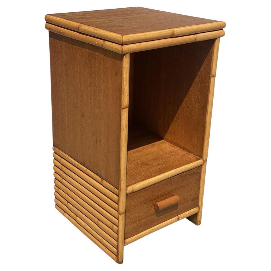 Restored Mid-century Single Drawer Stacked Rattan & Koa Wood Bedside Table