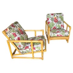 Vintage Restored Mid-Century Single Strand "Cube" Rattan Lounge Chair Set 