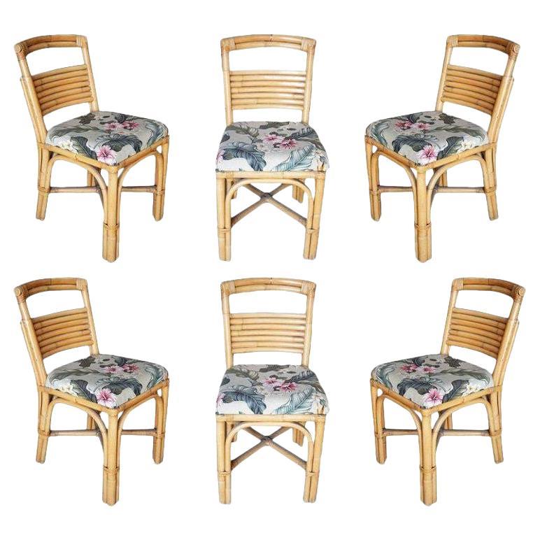 Restored Midcentury "Slat Back" Rattan Dining Side Chair, Set of 6 For Sale