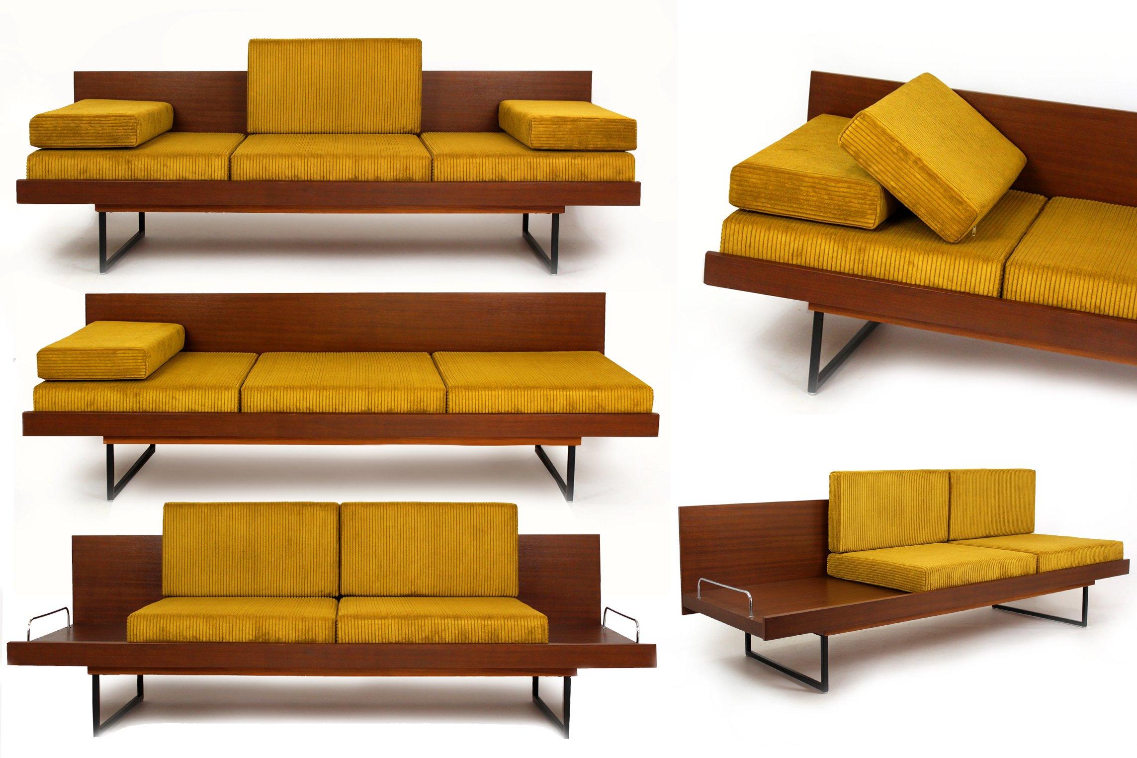 Restored Mid Century Sofa Daybed With Coffee Table from Interier Praha, 1960s In Good Condition For Sale In Żory, PL