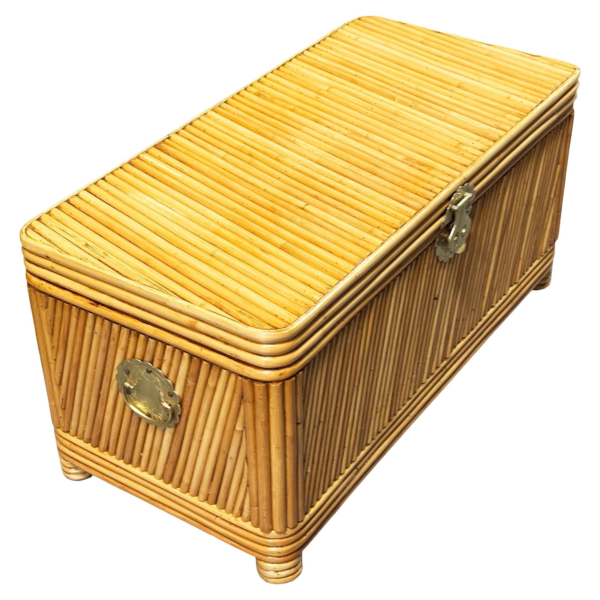 Restored Mid-century Split Reed Rattan & Pine Trunk w/ Brass Paktong Latch