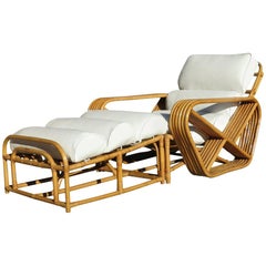 Restored Mid Century Square Pretzel Rattan Lounge Chair with Ottoman