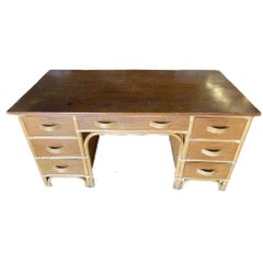 Restored Mid-century Stacked Rattan Executive Desk W/ Solid Mahogany Top