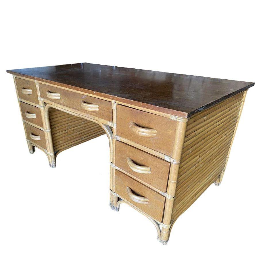 American Restored Mid-century Stacked Rattan Executive Desk W/ Solid Mahogany Top For Sale