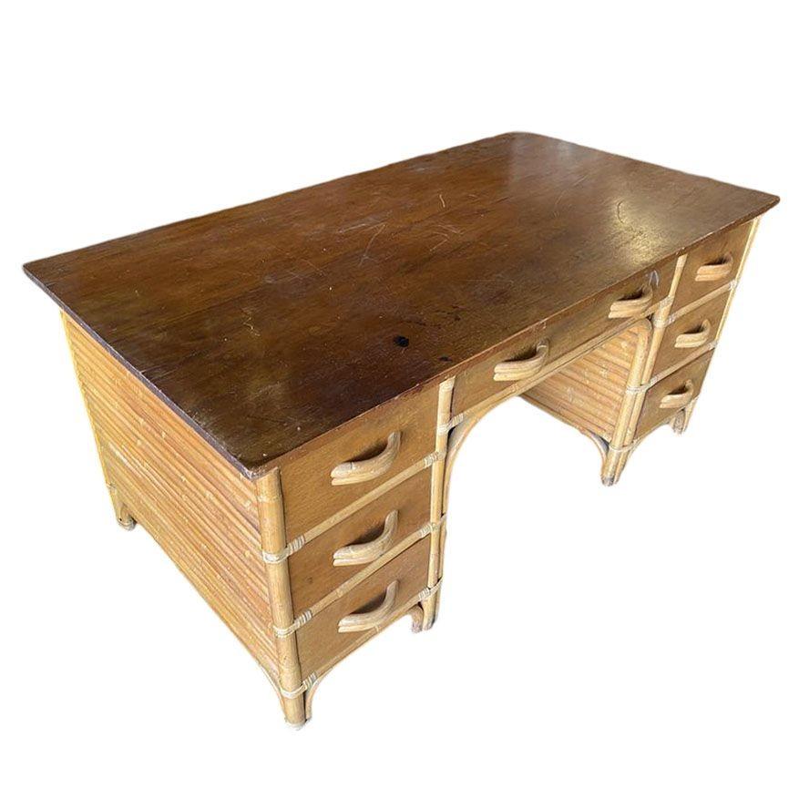 Restored Mid-century Stacked Rattan Executive Desk W/ Solid Mahogany Top In Excellent Condition For Sale In Van Nuys, CA