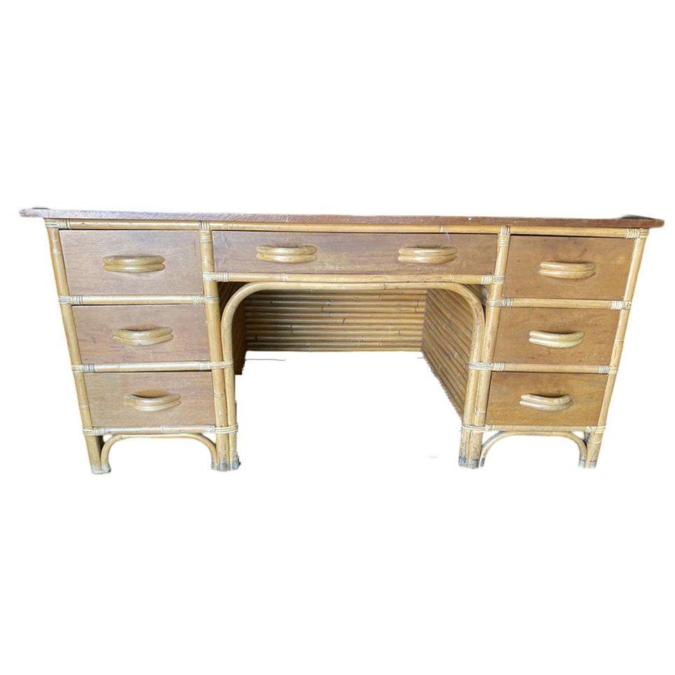 Mid-20th Century Restored Mid-century Stacked Rattan Executive Desk W/ Solid Mahogany Top For Sale