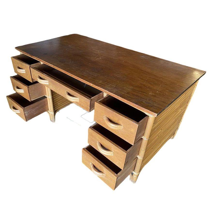 Restored Mid-century Stacked Rattan Executive Desk W/ Solid Mahogany Top For Sale 1