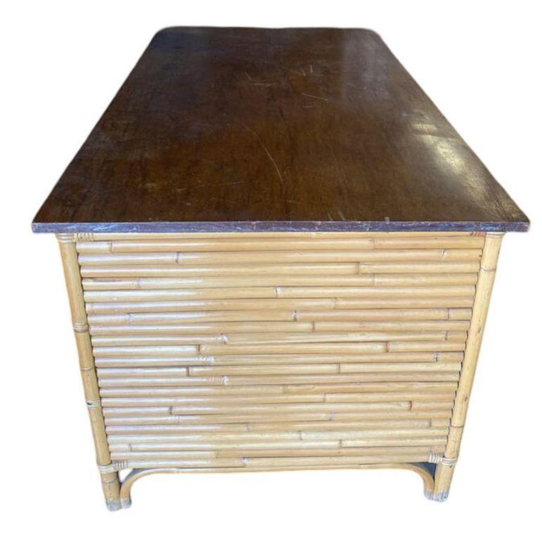 Restored Mid-century Stacked Rattan Executive Desk W/ Solid Mahogany Top For Sale 3