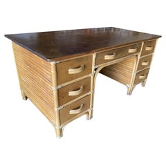 Restored Mid-century Stacked Rattan Executive Desk W/ Solid Mahogany Top Restored Mid-century Stacked Rattan Executive Desk W/ Solid Mahogany Top