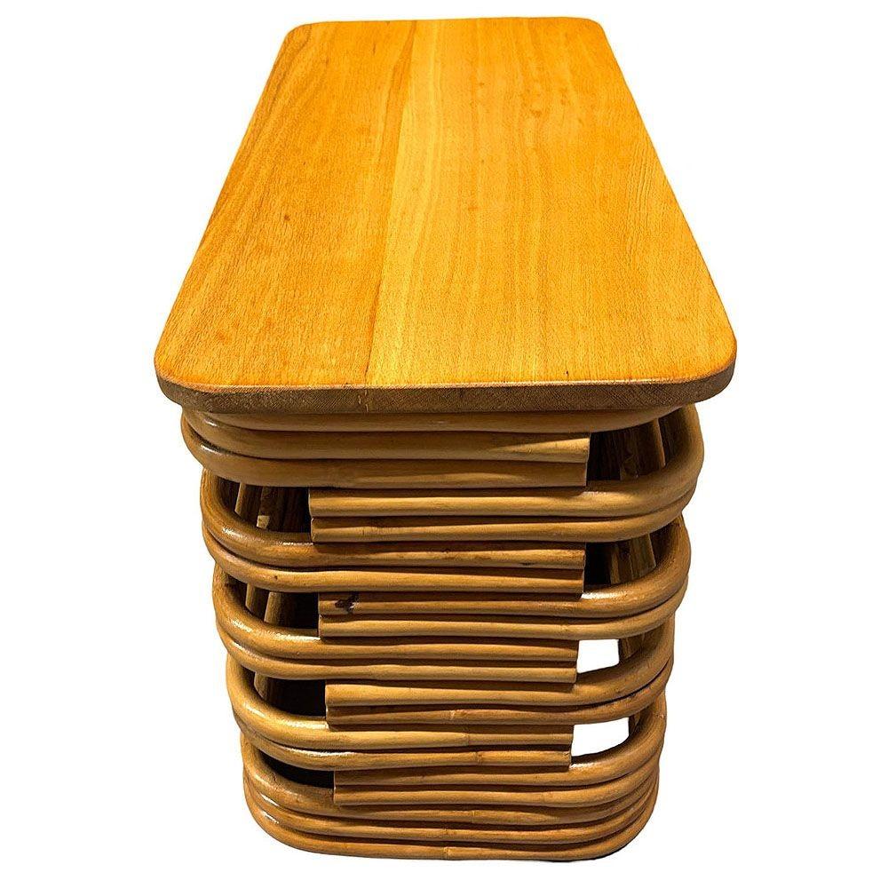 American Restored Mid-century Stacked Rattan Side Drinks Table w/ Mahogany For Sale