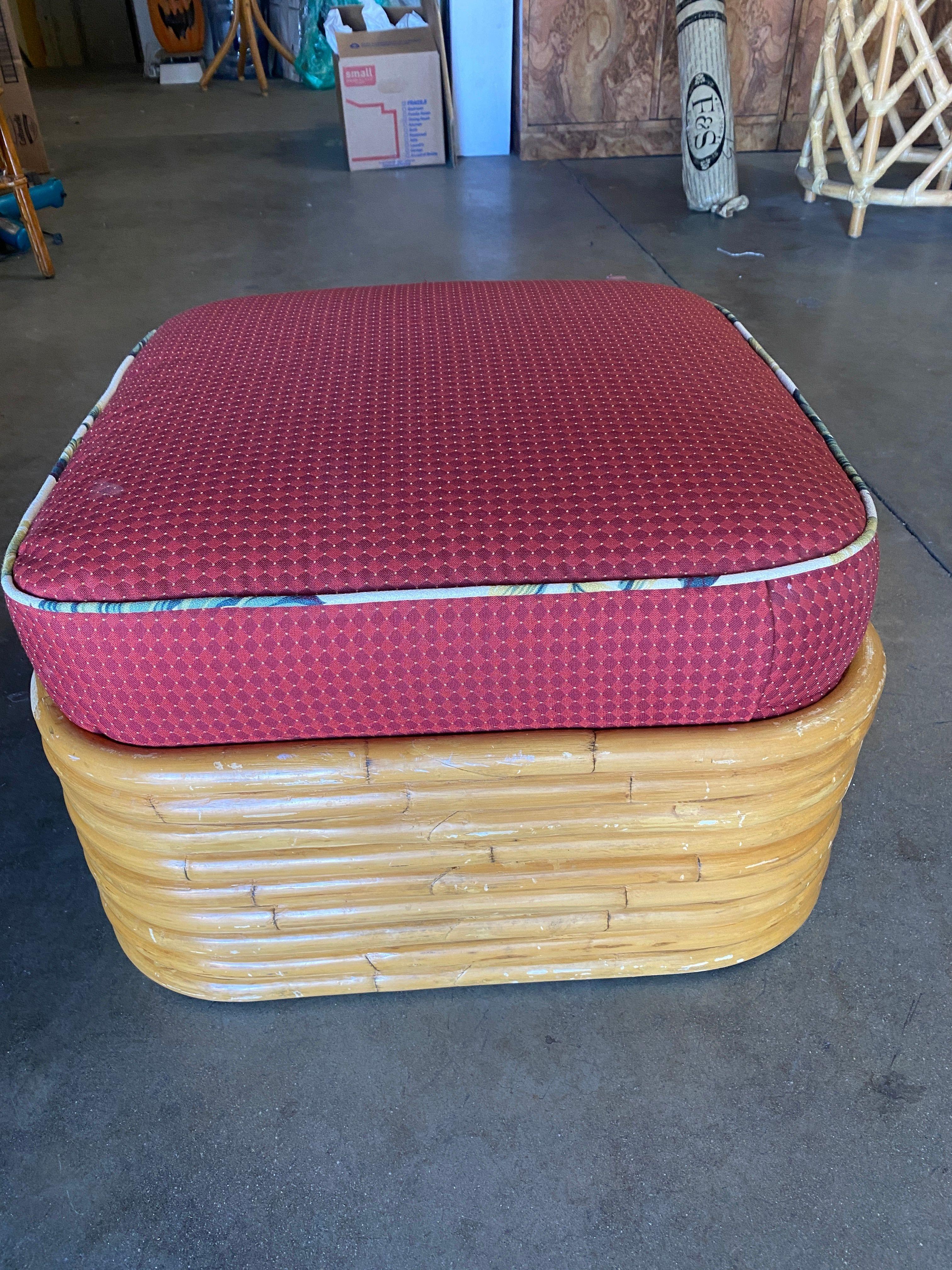 Restored Mid Century Strand Stacked Rattan Ottoman Stool In Excellent Condition For Sale In Van Nuys, CA
