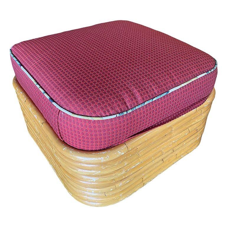 Restored Mid Century 9 Strand Paul T Frankl Style Stacked Rattan Ottoman Stool In Excellent Condition For Sale In Van Nuys, CA