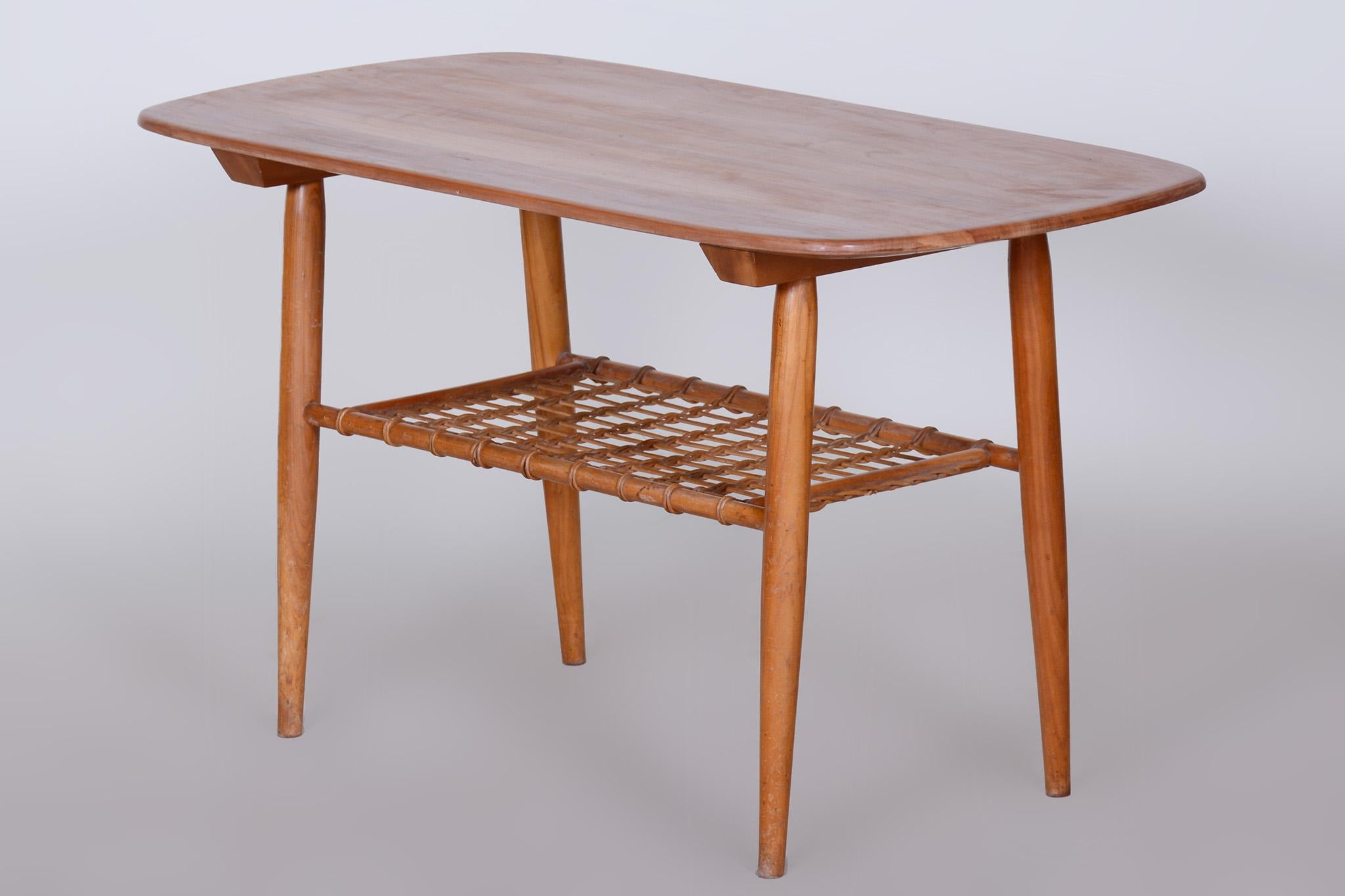 Wood Restored Mid-Century Style Coffee Table, Cherry-Tree, Rattan, 1950s, Czechia For Sale