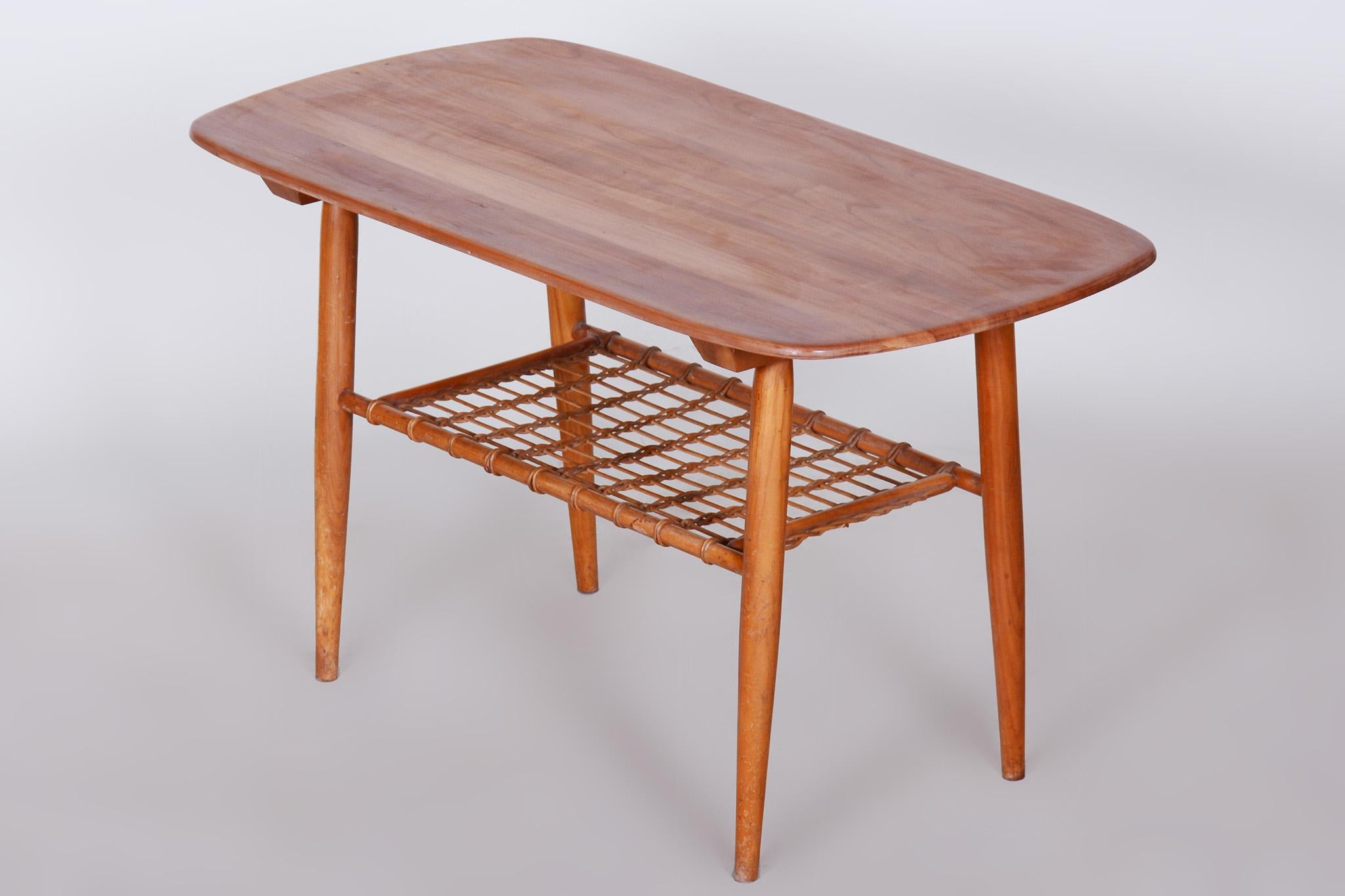 Restored Mid-Century Style Coffee Table, Cherry-Tree, Rattan, 1950s, Czechia For Sale 1