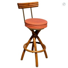 Restored Mid-century Swivel "Spiral" Leg Rattan & Brass Barstools, Pair