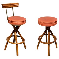 Vintage Restored Mid-century Swivel "Spiral" Leg Rattan & Brass Barstools, Pair